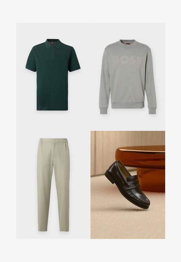 Sweatshirt gris clair à manches longues avec col rond, poignets et ourlet côtelés, logo "BOSS" en relief sur la poitrine, et petite étiquette au niveau du cou.; Polo vert foncé à manches courtes avec deux boutons noirs et petit logo "BOSS" brodé sur le côté gauche de la poitrine.; Pantalon beige fuselé avec taille élastique, fermeture par bouton et braguette zippée à l'avant, présenté sur un fond blanc plat.; Mocassin en cuir noir brillant avec un détail de bride, posé sur un tapis beige près d'une table basse ronde en bois brun dans une pièce doucement éclairée.
