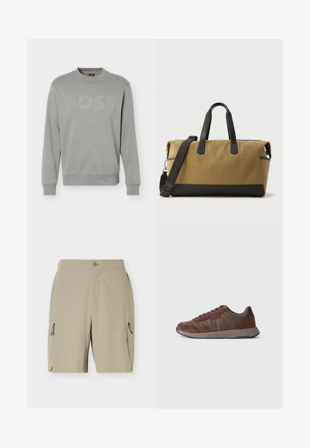 Lysegrå langærmet sweatshirt med rund hals, ribkant ved ærmer og bund, præget "BOSS" logo på tværs af brystet og et lille halsmærke.; Beige knælange shorts med knaplukning og lommer med lynlås på hver side, designet til afslappet eller udendørs brug.; Brune sneakers med en blanding af glatte og ruskind materialer, rund tå, tekstureret gummisål og kontrastfyldt sort hælkvotering.; Stor duffeltaske i brun- og sort farve med bærehåndtag i sort læder og aftagelig skulderrem, rektangulær form, BOSS-logo på fronten.