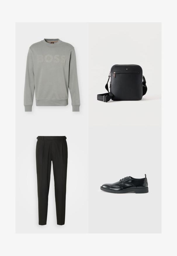 Hellgrauer Langarm-Sweatshirt mit Rundhalsausschnitt, gerippten Bündchen und Saum, geprägtem "BOSS"-Logo auf der Brust und kleinem Nackenetikett.; Schwarze maßgeschneiderte Hose mit flacher Vorderseite, zwei Falten, Gürtelschlaufen und geradem Bein. Hergestellt aus glattem, leichtem Stoff.; Glänzender schwarzer Lederschuh mit niedrigem Absatz, Schnürverschluss und runder Kappe, seitlich auf hellem, schlichten Hintergrund gezeigt.; Schwarze Leder-Umhängetasche mit vorderer Reißverschlusstasche und verstellbarem Riemen auf weißem einfarbigem Hintergrund.