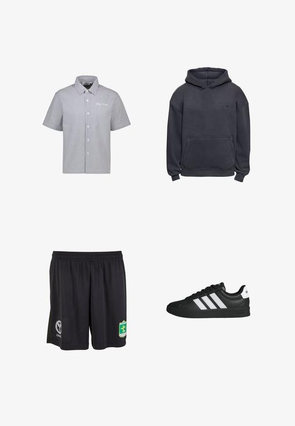 Sudadera con capucha en gris oscuro con bolsillo tipo canguro al frente, puños y dobladillo acanalados, y un logo sutil en relieve en el pecho izquierdo.; Camisa de manga corta a rayas en azul y blanco con frente abotonado y cuello. Presenta un sutil detalle de logo en el pecho. Material de mezcla de algodón.; Pantalones cortos deportivos negros con cinturilla elástica, que presentan el logo blanco de Colucci en la pierna izquierda y el escudo verde del Fussballclub Kitzbühel en la pierna derecha.; Zapatilla Adidas negra con rayas blancas, suela negra, diseño con cordones y lengüeta blanca en el talón con el logo de Adidas, mostrada de perfil.