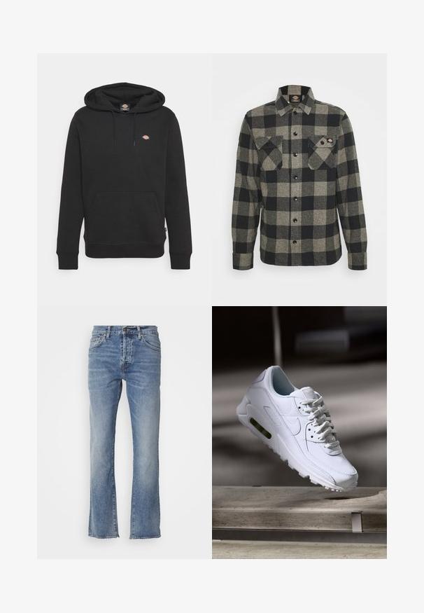 Black hoodie made of cotton, featuring a kangaroo pocket, drawstring hood, ribbed cuffs, and a small logo on the chest. Simple design.; Black and gray plaid flannel shirt with long sleeves, button-up front, two chest pockets, and a slightly curved hem. Textured fabric.; Light blue denim jeans with a straight leg design, featuring five pockets and a small metal button on the waistband. Frayed hem detail.; White leather sneaker with textured surfaces, padded collar, and visible air cushioning in sole. Features laces and a minimalistic design.