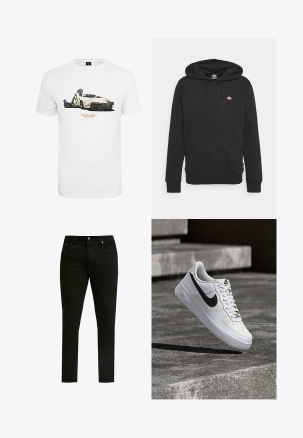 Zwarte hoodie van katoen, met een kangoeroezak, een capuchon met trekkoord, ribgebreide manchet en een klein logo op de borst. Eenvoudig ontwerp.; Witte katoenen T-shirt met een auto-illustratie en twee figuren, tekst "Wanneer het weekend je hard raakt," en tegen een eenvoudige achtergrond.; Zwarte spijkerbroeken met een slim fit, voorzien van een klassiek vijf-pocket ontwerp, metalen knoopsluiting en subtiele stikdetails.; Witte Nike Air Force 1 sneaker met zwarte swoosh, veters gestrikt, zwevend in de lucht boven een gestructureerd betonnen oppervlak buiten.