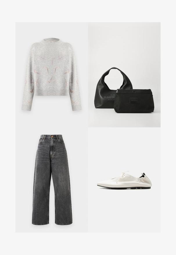 Lysegrå strikket sweater med roseguldmetalglimmerfuglemønstre, ribstrikkede manchetter, kant og rund hals.; Højtaljede, brede jeans i falmet sort denim med frontlommer, bæltesløjfer og kobberknaplukning.; Hvid minimalistisk lædersko med indstukket hæl, snørelukning og tynd sort sål på ensfarvet baggrund.; To sorte Marc Jacobs tasker på en hvid overflade: en struktureret hobo-taske med buet håndtag og en mindre lynlåspose med læderdetaljer.