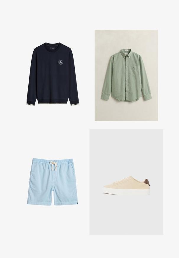 Marineblå langærmet sweatshirt med hvidt logo på venstre bryst og hvidt stribet kant på ærmer og bund.; Langærmet skjorte med knapper, grøn og hvidt lilleternet mønster, brystlomme og klassisk krave, lagt fladt på en neutral baggrund.; Lyseblå svømmebukser lavet af blødt stof, med elastisk talje, forlommer og snøre til justering.; Beige ruskind sneakers med hvid gummisål og lys brun hælaccent. Har flade snørebånd og minimalistisk design for alsidighed.
