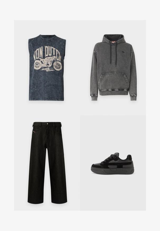 Hoodie en denim gris avec une poche avant, des cordons noirs et un logo discret sur la poitrine. Comprend des poignets et un ourlet côtelés.; Chemise sans manches gris foncé style vintage avec le texte "Von Dutch" et un graphique d'une moto avec « Since 1929 Amazing Kustom » en dessous.; Jean noir à jambes larges en denim, présentant une fermeture éclair, cinq poches et un branding discret sur la poche avant. Tissu durable et texturé.; Baskets noires en mélange de matériaux lisses et texturés, dotées d'un bout rond, d'une semelle épaisse et d'une fermeture à lacets. Design minimaliste avec des accents.