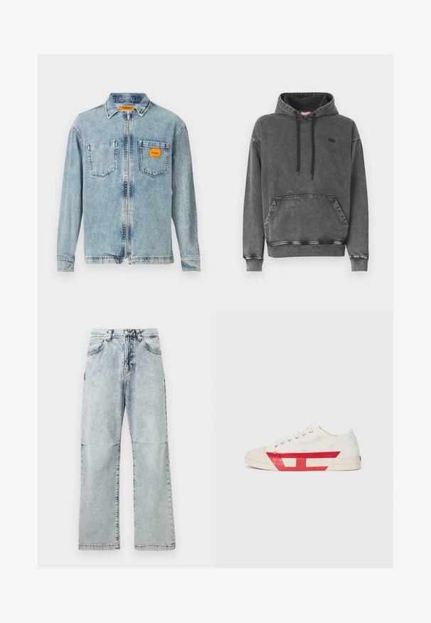 Grå denim-hoodie med frontlomme, sorte snore og en diskret logo på brystet. Har ribstrikkede manchetter og kant.; Lys blå denimjakke med fuld frontlynlås, to brystlommer og et lille orange Replay Inc. label på højre lomme og krave.; Lyseblå denimbukser med en afslappet pasform, falmede detaljer, fem lommer og en knaplukning i taljen. Flade sømme og brede ben.; Lærreds sneakers med en hvid overdel, røde gummidetaljer og et tekstureret design. Har en rund tå og fem huller til snørebånd.