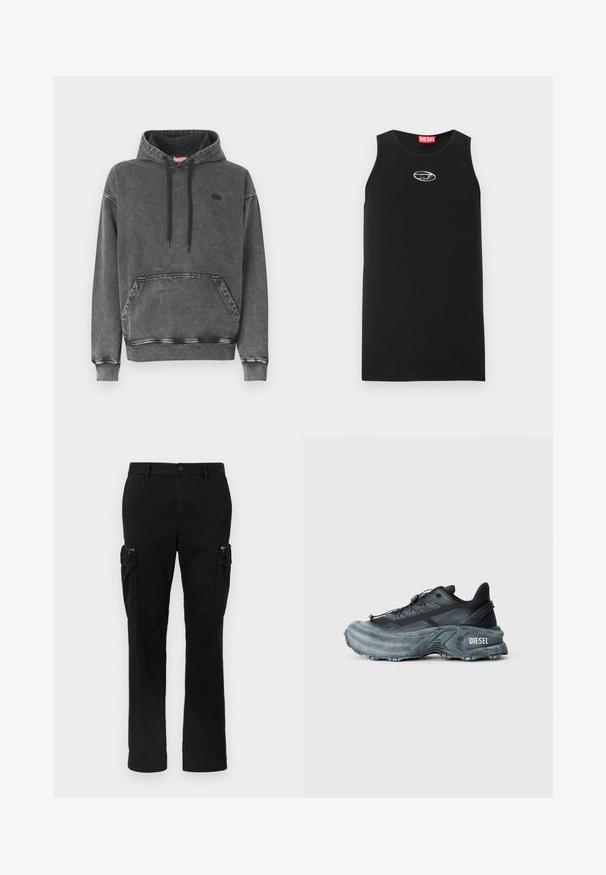 Grijze denim hoodie met een voorzak, zwarte trekkoorden en een subtiel logo op de borst. Voorzien van geribbelde manchetten en zoom.; Zwarte mouwloze tanktop van katoen. Heeft een ronde halslijn en een klein wit Diesel-logo op de borst. Gladde textuur.; Zwarte cargobroek van katoen, met twee zijzakken, een rechte pijp en zichtbare stiksels op de naden.; Zwarte en grijze Diesel sneakers met dikke zool, vetersluiting en gestructureerd ontwerp op een effen lichtgrijze achtergrond.
