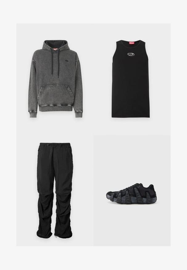 Sudadera con capucha de mezclilla gris con un bolsillo frontal, cordones negros y un logo sutil en el pecho. Presenta puños y dobladillo acanalados.; Camiseta sin mangas negra hecha de algodón. Presenta un escote redondo y un pequeño logo blanco de Diesel en el pecho. Textura suave.; Pantalones de utilidad negros de tejido ligero, con cintura elástica, cordones ajustables y bolsillos laterales, presentan un corte relajado.; Zapatilla negra con suela acanalada exagerada, diseño con cordones y parte superior de mezcla de textil y ante, vista desde el lado exterior sobre un fondo blanco.