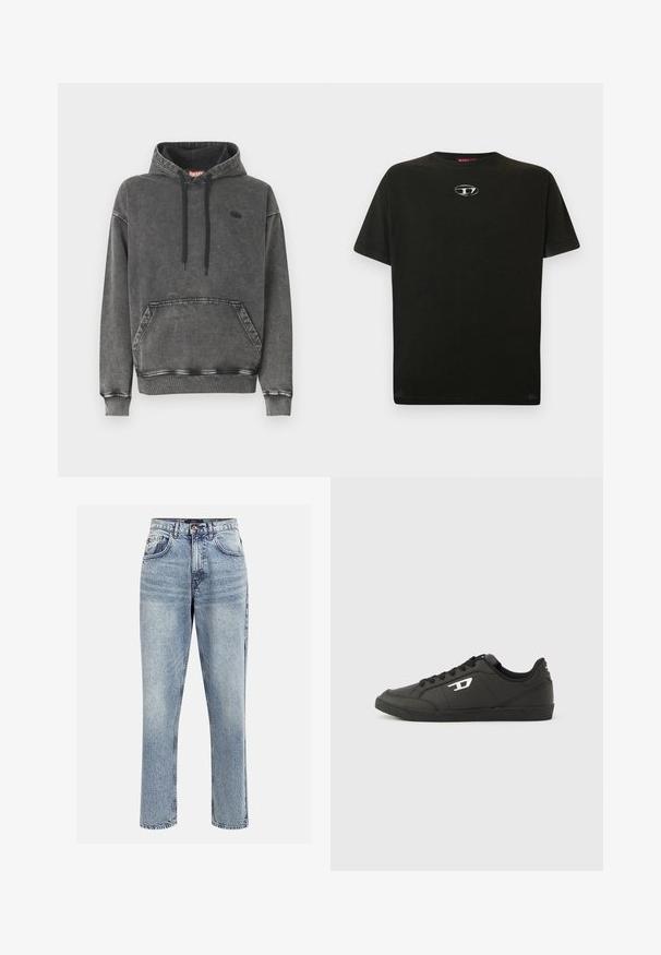 Grijze denim hoodie met een voorzak, zwarte trekkoorden en een subtiel logo op de borst. Voorzien van geribbelde manchetten en zoom.; Zwarte katoenen T-shirt met korte mouwen, ronde hals en een klein metallic logo op de borst. Glad textuur en rechte snit.; Lichtblauwe denim hoge taille jeans met een rechte pijp, vijf zakken en een knoopsluiting. Heeft subtiele vervaging en stikseldetails.; Zwarte sneakers van synthetisch materiaal met een geribbelde zwarte zool, ronde neus en vlakke zwarte veters. Opvallend wit logomerk aan de buitenzijde.