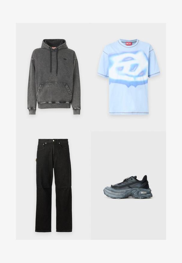Grauer Denim-Kapuzensweatshirt mit einer Vordertasche, schwarzen Kordeln und einem dezenten Logo auf der Brust. Verfügt über gerippte Bündchen und Saum.; Hellblaues Diesel-T-Shirt mit kurzen Ärmeln, abstraktem weißen und blauen Muster sowie sichtbaren, abgesteppten Nähten an Ärmeln und Saum.; Schwarze Denim-Hosen mit geradem Bein, ausgestattet mit Fronttaschen, einem Knopfverschluss und minimalistischer Hardware für einen klaren Look.; Schwarz- und graue Diesel-Sneaker mit dicker Sohle, Schnürverschluss und strukturiertem Design auf einem schlichten hellgrauen Hintergrund.