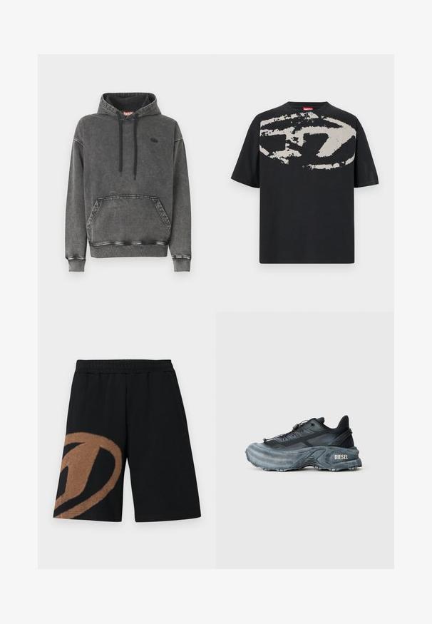 Hoodie en denim gris avec une poche avant, des cordons noirs et un logo discret sur la poitrine. Comprend des poignets et un ourlet côtelés.; T-shirt noir avec un grand motif abstrait gris clair sur le devant. Manches courtes et encolure ronde classique. Matière en coton.; Shorts taille élastique noire avec grand motif abstrait marron sur la jambe gauche et poches latérales.; Baskets Diesel noires et grises avec semelle épaisse, système de laçage à bascule et design texturé sur fond gris clair uni.