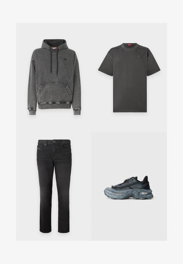 Grå denim-hoodie med frontlomme, sorte snore og en diskret logo på brystet. Har ribstrikkede manchetter og kant.; Mørkegrå Diesel T-shirt med kortærmer, kontrasterende syninger og lille rødt logo på brystet og indeni kraven.; Sorte denim jeans med lige ben, der har fem lommer, en knappelukning og subtile syninger foran.; Sort og grå Diesel sneakers med tyk sål, snørrebåndslukning og tekstureret design på en ensfarvet lysegrå baggrund.