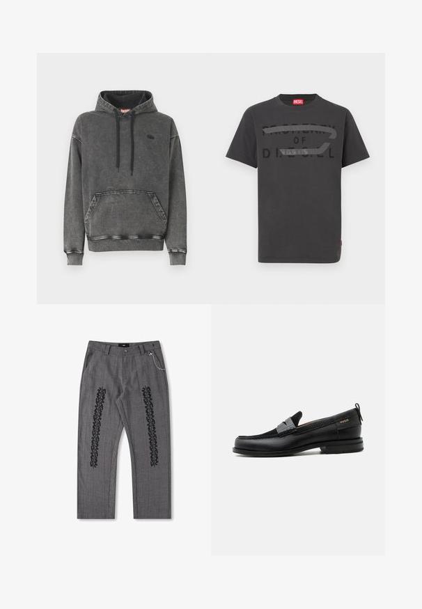 Grauer Denim-Kapuzensweatshirt mit einer Vordertasche, schwarzen Kordeln und einem dezenten Logo auf der Brust. Verfügt über gerippte Bündchen und Saum.; Graues Baumwoll-T-Shirt mit fettem schwarzem Text "PROPERTY OF D.I.E.S.E.L.", glatter Textur und kurzen Ärmeln.; Grau karierte Hose mit schwarzem Textdetail an den Seiten, mit einer Kette als Akzent am Bund. Gerade Beinform, strukturiertes Material.; Schwarzer Lederloafer mit grauem Riemendetail, niedrigem Absatz und strukturierter Sohle, seitlich mit „HUGO“ in Gold gebrandmarkt.