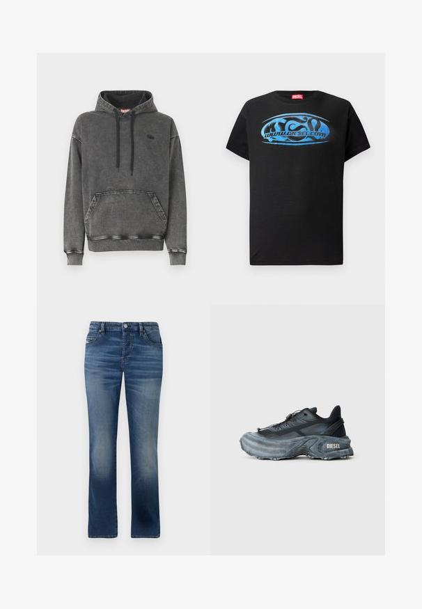 Grauer Denim-Kapuzensweatshirt mit einer Vordertasche, schwarzen Kordeln und einem dezenten Logo auf der Brust. Verfügt über gerippte Bündchen und Saum.; Schwarzes T-Shirt mit kurzen Ärmeln aus Baumwolle, das ein blaues Grafik-Logo-Design mit dem Text "www.diesel.com" auf der Front zeigt.; Dunkelblaue Jeans aus Denim mit geradem Bein, ausgestattet mit Fronttaschen, dezentem Verblassen und einem klassischen Knopfverschluss an der Taille.; Schwarz- und graue Diesel-Sneaker mit dicker Sohle, Schnürverschluss und strukturiertem Design auf einem schlichten hellgrauen Hintergrund.