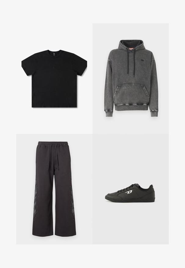 Grå denim-hoodie med frontlomme, sorte snore og en diskret logo på brystet. Har ribstrikkede manchetter og kant.; Sort kortærmet t-shirt lavet af bomuld med rund hals, med et diskret logo i midten og en afslappet pasform.; Sorte, bredbenede sweatpants med elastisk talje, med en flammendesign på siden i grå, prydet med små rhinsten.; Sorte syntetiske sneakers med en struktureret sort sål, rund tå og flade sorte snørebånd. Fremtrædende hvidt logo på ydersiden.