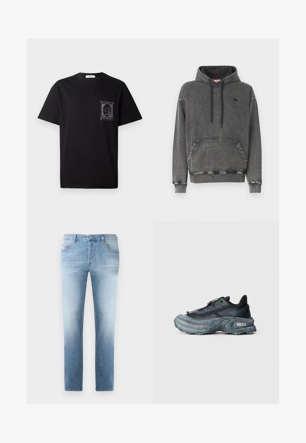 Grijze denim hoodie met een voorzak, zwarte trekkoorden en een subtiel logo op de borst. Voorzien van geribbelde manchetten en zoom.; Zwarte katoenen t-shirt met korte mouwen, voorzien van een grafische print op de linkerborst en een kleine rode accent nabij de halslijn.; Lichtblauwe denim jeans met een licht vervaagde afwerking, recht model, vijf-zakken stijl en metalen knoopsluiting bij de taille.; Zwarte en grijze Diesel sneakers met dikke zool, vetersluiting en gestructureerd ontwerp op een effen lichtgrijze achtergrond.