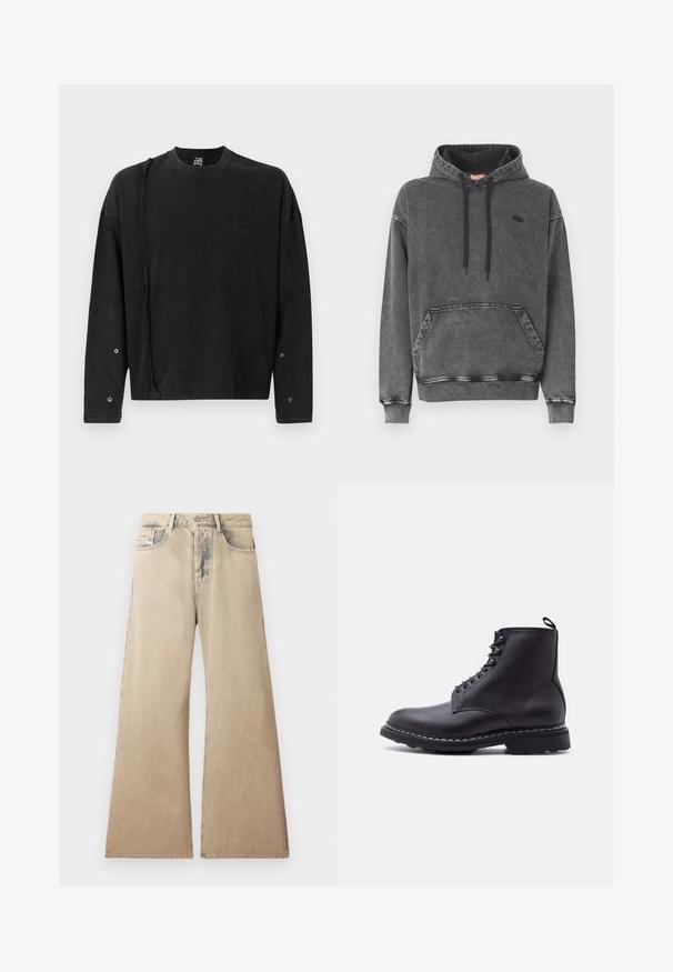 Grauer Denim-Kapuzensweatshirt mit einer Vordertasche, schwarzen Kordeln und einem dezenten Logo auf der Brust. Verfügt über gerippte Bündchen und Saum.; Schwarzer Pullover mit langen Ärmeln und Rundhalsausschnitt, mit einem dezenten Logo auf der Vorderseite und Druckknopfdetails an den Ärmeln, aus weichem Stoff gefertigt.; Beige weite Jeans mit verblichener Textur, Fünf-Taschen-Design und genähten Details entlang der Nähte. Der Bund hat einen klassischen Knopfverschluss.; Schwarzer Leder-Stiefelette mit Schnürung, dicker Sohle und Zugschlaufe an der Ferse, seitlich auf weißem Hintergrund dargestellt.