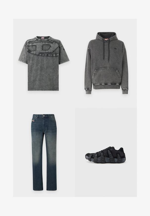 Grå denim-hoodie med frontlomme, sorte snore og en diskret logo på brystet. Har ribstrikkede manchetter og kant.; Grå denim T-shirt med korte ærmer, der har et tekstureret patch-design henover brystet og diskrete slidte detaljer på stoffet.; Blå denimjeans med lige ben, falmet vask, forreste knap- og lynlås lukning samt fem-lomme design.; Sort sneaker med overdreven ribbet sål, snørelukning og øvre del i blandet tekstil og ruskind, vist fra ydersiden mod en hvid baggrund.