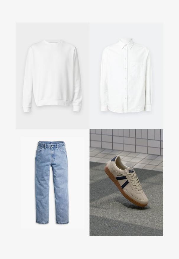 Valge crewneck-sweater, valmistatud pehmest puuvillakangast. Pika varrukaga, soonikkoes mansetid ja alumine äär, sile tekstuur ja minimalismist inspireeritud disain.; Valge pika varrukaga nööbiga särk, mis on valmistatud kergedest kangast. Omab esitaskut, klassikalist kraed ja peent tekstuuri.; Hele sinised sirgelõikelised teksapüksid ees oleva nööbi ja luku, vöökandurite ning diagonaalsete esitaskutega.; Bežist sneaker, millel on tekstureeritud viimistlus, tumesinised triibud ja kummi tald. Omab pehmendustega keelt ja traditsioonilist nööpimissüsteemi kindla istuvuse tagamiseks.