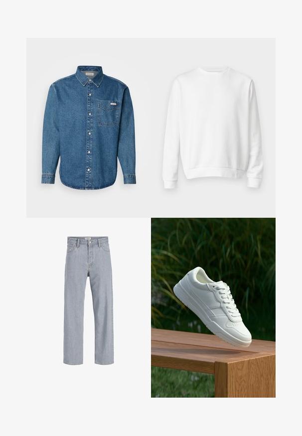 Hvid crewneck sweatshirt lavet af blødt bomuldsstof. Lange ærmer, ribbede manchetter og kant, glat tekstur og minimalistisk design.; Blå denim langærmet skjorte med button-down krave, brystlomme og kontraststing. Stofstrukturen er glat med en afslappet stil.; Lysblå denimjeans med en afslappet pasform, lige benudforming, synlige syninger, to forlommer og knaplukning.; Hvide lædersneakers med en glat overflade, prydet med perforeret design, klassisk snørering og gummisål, placeret over en træoverflade.