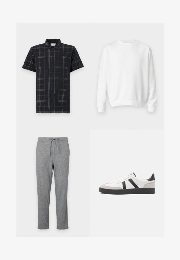 Sudadera blanca de cuello redondo hecha de suave tejido de algodón. Mangas largas, puños y dobladillo acanalados, textura suave y diseño minimalista.; Camisa de manga corta con botones en negro, de tejido texturizado, con un patrón de cuadrícula blanca y cuello puntiagudo.; Pantalones grises ligeros con un tejido texturizado, que cuentan con una cintura con cordón y diseño de pierna recta. Sin bolsillos ni adornos adicionales.; Zapatilla blanca con acentos en negro y gris, que presenta una puntera texturizada en gris, suela de goma negra y cordones planos blancos. Diseño limpio, estilo minimalista.