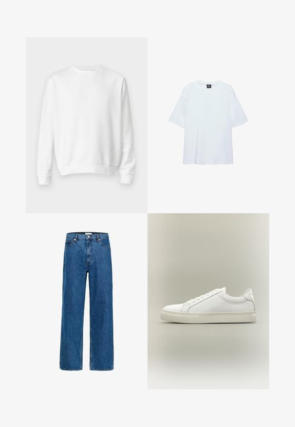 Weißes Crewneck-Sweatshirt aus weichem Baumwollstoff. Lange Ärmel, gerippte Bündchen und Saum, glatte Textur und minimalistisches Design.; Schlichtes, weißes, übergroßes T-Shirt mit kurzen Ärmeln, rundem Ausschnitt und einem schwarzen Etikett innen am Kragen vor weißem Hintergrund.; Weite Jeans aus dunkelblauem Denim. Verfügt über fünf Taschen, einen Knopfverschluss und dezente Nähte. Glatte Textur mit minimaler Ausbleichung.; Weißer Sneaker mit niedrigem Schaft, vorn mit Schnürung und dicker Sohle, aus der Seitenansicht vor neutralem Hintergrund.