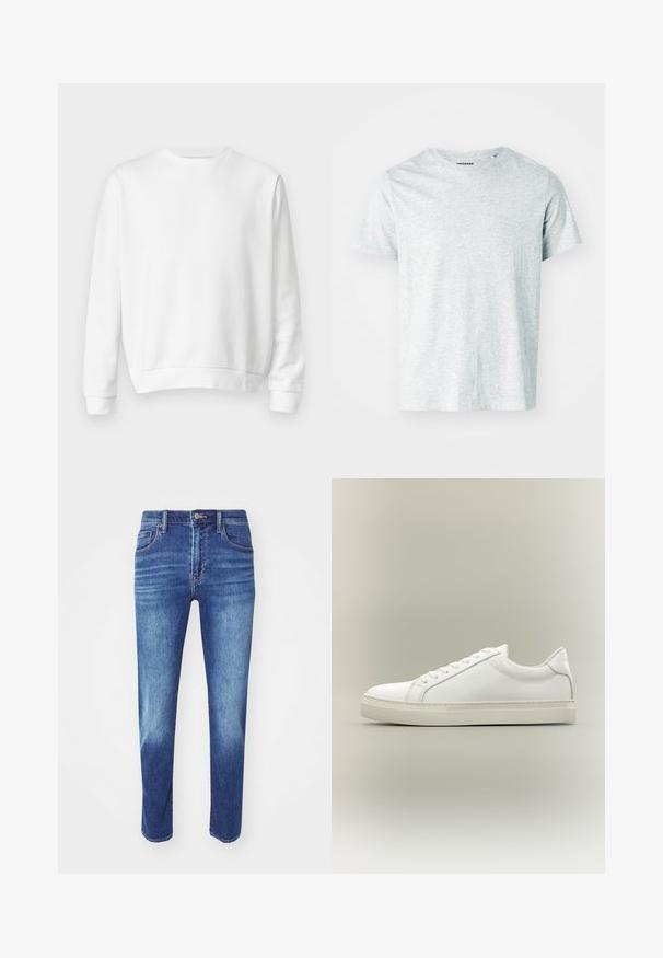 Hvid crewneck sweatshirt lavet af blødt bomuldsstof. Lange ærmer, ribbede manchetter og kant, glat tekstur og minimalistisk design.; Lys grå, kortærmet t-shirt lavet af blødt stof, med en rund hals og en let afslappet pasform. Ingen synlige mønstre eller grafik.; Blå denimjeans med lige skæring, fem-lomme design og klassisk knaplukning. Har subtil fading og broderede detaljer.; Hvid lavtop sneaker med snørebånd foran og tyk sål, vist fra siden mod en neutral baggrund.