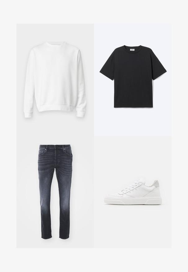 Sudadera blanca de cuello redondo hecha de suave tejido de algodón. Mangas largas, puños y dobladillo acanalados, textura suave y diseño minimalista.; Camiseta negra de manga corta con cuello redondo, ajuste relajado, vista frontal, diseño sencillo y etiqueta visible de la marca Weekday en el interior del cuello.; Vaqueros de mezclilla gris oscuro con un diseño clásico de pierna recta, que incluyen bolsillos frontales, cremallera con cierre de botón y un ligero desgastado.; Zapatillas de cuero blanca con un acabado suave, punta redondeada, cordones planos y una suela texturada. Acento de ante gris en el talón.
