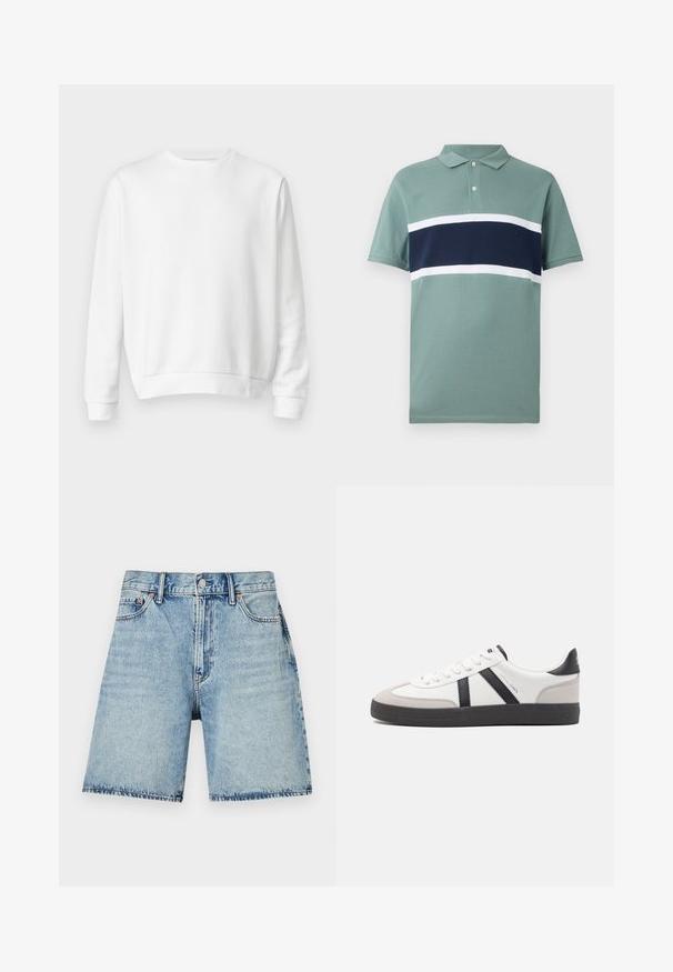 Sweatshirt blanc à col rond fabriqué en coton doux. Manches longues, poignets et ourlet côtelés, texture lisse et design minimaliste.; Polo à manches courtes en vert atténué avec des rayures horizontales bleu marine et blanches sur la poitrine et un col à deux boutons.; Shorts en denim bleu clair à coupe droite, avec cinq poches et des coutures visibles. Fermeture à boutons à l'avant.; Baskets blanches avec des accents noirs et gris, présentant un embout texturé gris, une semelle en caoutchouc noir et des lacets plats blancs. Design épuré, style minimaliste.
