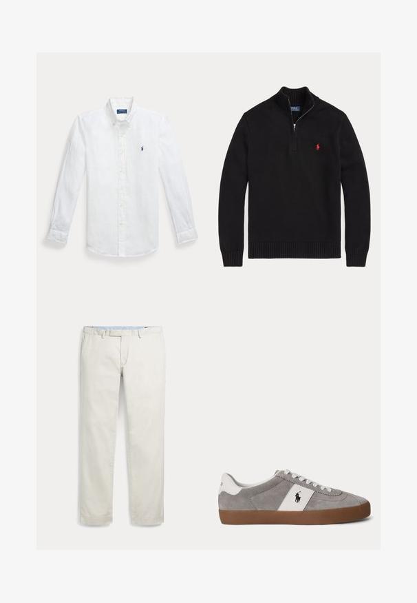 Čierny pletený pulóver s dlhým rukávom, s polovičným zipsom na golieri a červeným vyšívaným logom Polo Ralph Lauren na ľavej strane hrudníka.; Biela ľanová košeľa s dlhým rukávom, zapínaním na gombíky a špicatým golierom, s vyšitým modrým logom na ľavej hrudi. Má gombíkové manžety.; Svetlo béžové pánske nohavice s rovnými nohavicami, pútkami na opasok a bočnými vreckami, zobrazené na bielom pozadí.; Nízka sivá semišová teniska s bielymi šnúrkami, bielym pätovým a bočným panelom s čiernym logom hráča póla a hnedou gumovou podrážkou.