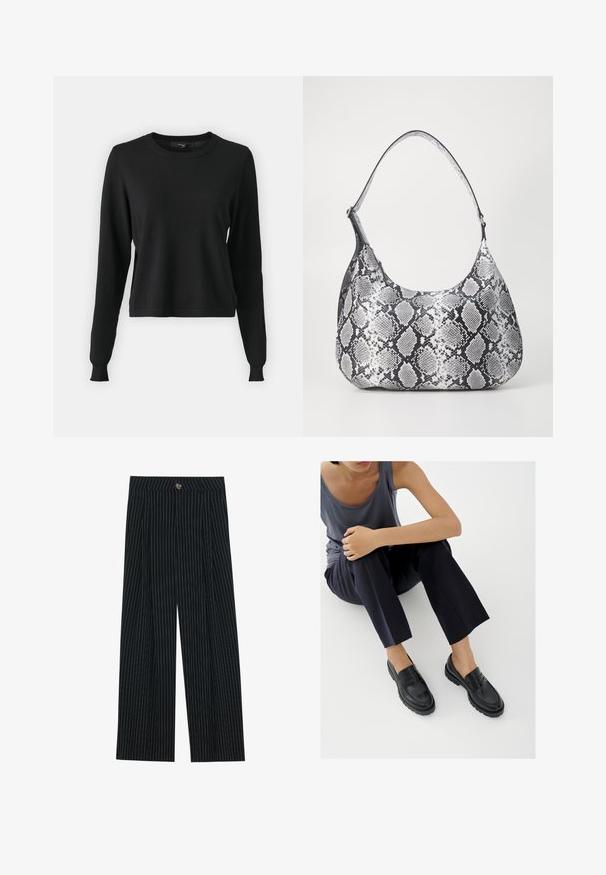 Suéter negro de manga larga, con cuello redondo, puños acanalados y un ajuste ligeramente cropped. Fabricado en un tejido de punto suave.; Pantalones de pierna ancha a rayas negras, fabricados con una tela texturizada, que cuentan con un cierre frontal de botón y un diseño plisado para mayor interés.; Mocasines de cuero negro con detalles texturizados, tacón bajo, puntera redonda y costuras visibles. Modelo vistiendo pantalones oscuros y una blusa gris.; Bolso de hombro con estampado de serpiente en blanco y negro, de forma redondeada, textura suave y correa curvada. Presenta un acento de hardware plateado.
