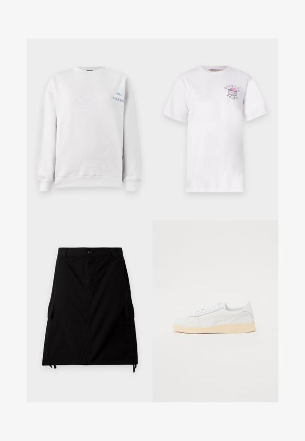 Witte sweatshirt met een ronde hals, lange mouwen en een klein blauw logo op de borst, gemaakt van zacht katoen.; Wit T-shirt met korte mouwen met een kleine roze en zwarte afbeelding van een stuk gelato-taart en de tekst "Ellesse Gelato" op de linkerborst.; Zwarte cargorok van een katoenmengsel met een rechte snit, voorzien van zijzakken, een voorste knoopsluiting en een verstelbare drawstring onderrand.; Sneakers met een witte synthetische bovenkant, geperforeerd ontwerp, platte veters en een crèmekleurige rubberen zool. Heeft een logo op de hiel en zijkant.