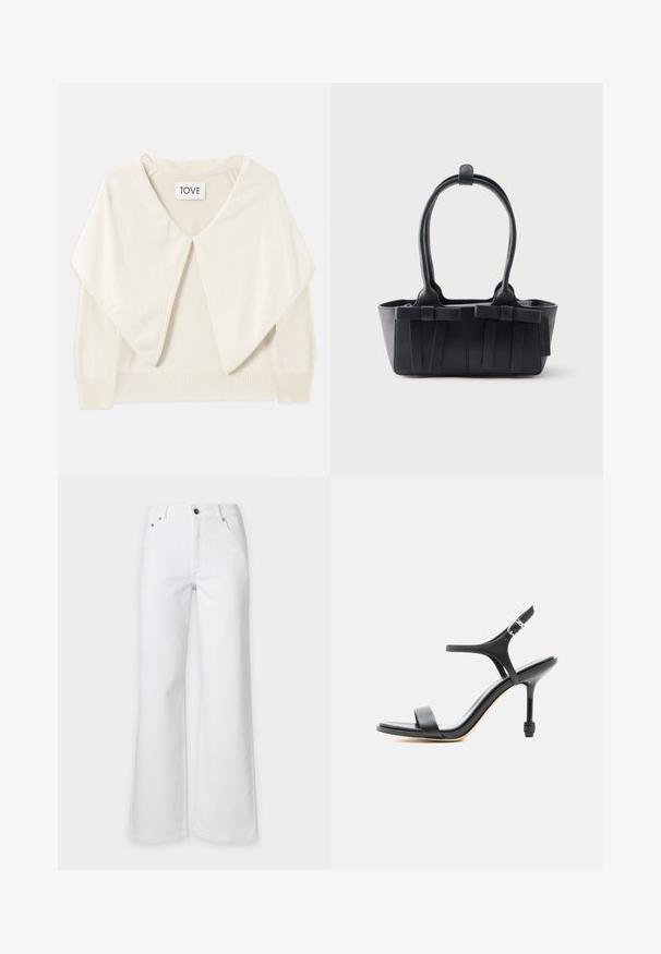 Suéter de punto color crema con un cuello ancho, mangas largas y dobladillo acanalado. Textura suave y diseño minimalista. La etiqueta dice "TOVE."; Vaqueros blancos de cintura alta con cierre de botón y cremallera, bolsillos delanteros y piernas anchas.; Sandalia negra de cuero con tacón alto, tiras delgadas, puntera abierta y hebilla ajustable en el tobillo, presentada sobre un fondo blanco liso.; Bolso de cuero negro con dos asas, correas decorativas y base rectangular sobre un fondo claro y liso.