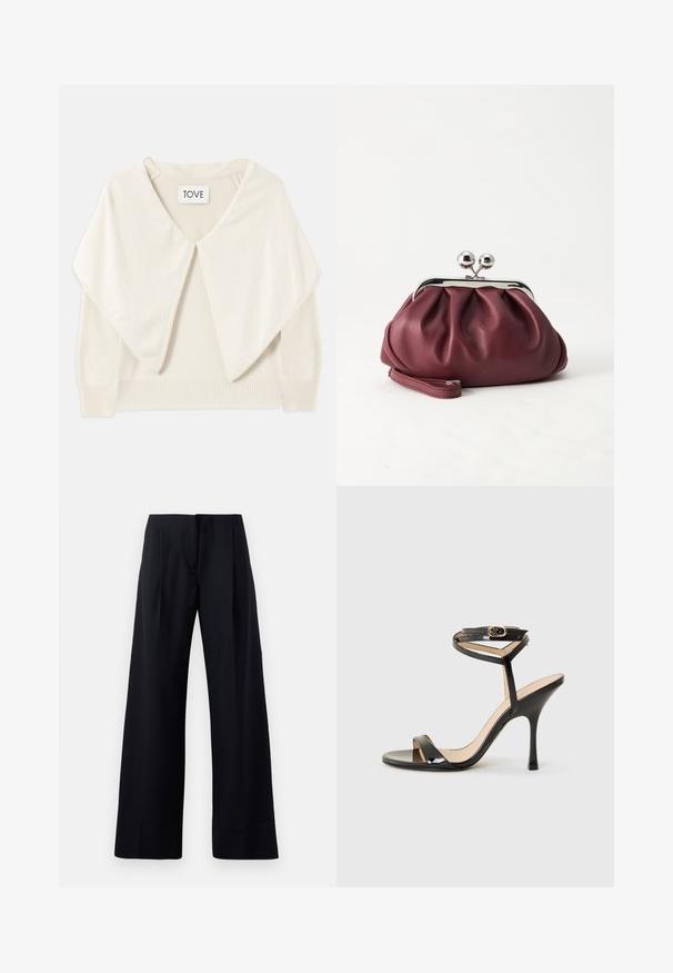 Suéter de punto color crema con un cuello ancho, mangas largas y dobladillo acanalado. Textura suave y diseño minimalista. La etiqueta dice "TOVE."; Pantalones negros con rayas en pinstripe y un diseño de pierna ancha, que presentan pliegues marcados y un acabado limpio. Fabricados con una tela suave y liviana.; Sandalia de tacón alto de charol negro con tira delgada en el tobillo y hebilla, punta abierta y tacón aguja esbelto sobre fondo blanco.; Pequeño bolso de mano de cuero burdeos con cierre metálico plateado y correa de muñeca sobre un fondo blanco.