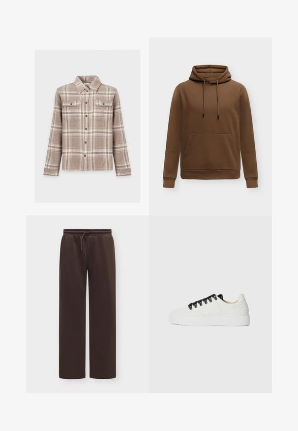Sweat à capuche marron avec poche kangourou devant, manches longues, poignets et bas côtelés, et cordons à la capuche.; Chemise à carreaux beige et marron avec boutons, manches longues, col pointu et deux poches poitrine boutonnées.; Pantalon de jogging marron foncé à jambe droite avec taille élastique et cordon de serrage, présenté sur fond blanc.; Baskets blanches montantes avec semelle épaisse, crochets de lacets noirs, lacets noirs et doublure intérieure beige sur un fond blanc uni.