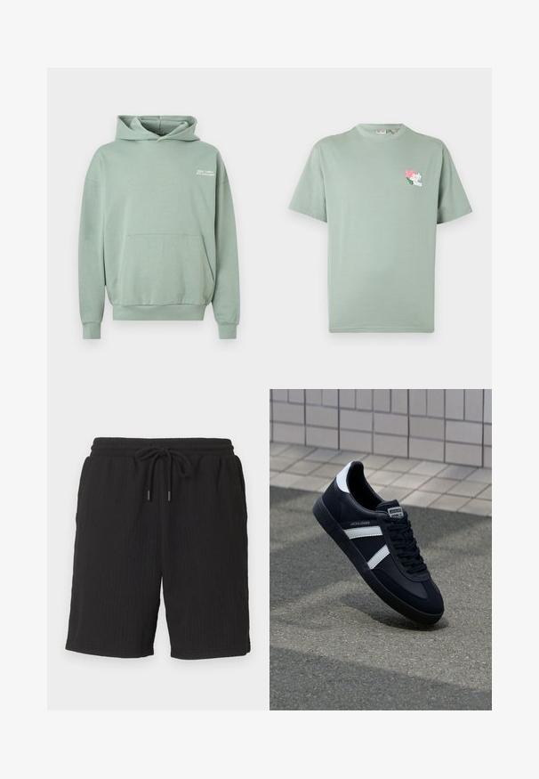 Sweat à capuche vert clair avec poche kangourou à l'avant et texte blanc "GOOD TIMES, BAD DECISIONS" sur le côté gauche de la poitrine.; T-shirt vert clair à manches courtes avec petite fleur rose et logo texte blanc "only & sons" sur la poitrine gauche.; Shorts en maille côtelée noire avec ceinture élastique et cordon, coupe droite et poches latérales.; Sneaker en cuir noir avec des rayures blanches, semelle en caoutchouc texturée et devant à lacets. Présente une étiquette de marque sur la languette.