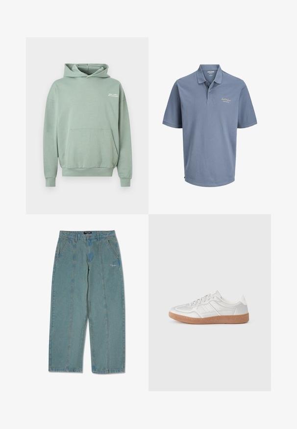 Lichtgroene hoodie met een voorzak en witte tekst "GOOD TIMES, BAD DECISIONS" op de linkerborst.; Blauw poloshirt met korte mouwen, kraag en twee knopen, met het "Jack & Jones" logo geborduurd op de linkerborst.; Lichtblauwe, niet-verweerde denim broek met een recht model, voorzien van voorzakken en een subtiele geborduurde logo nabij de taille.; Zilveren sneakers met een gladde textuur, vetersluiting, geperforeerde accenten en een gestructureerde bruine rubberen zool.