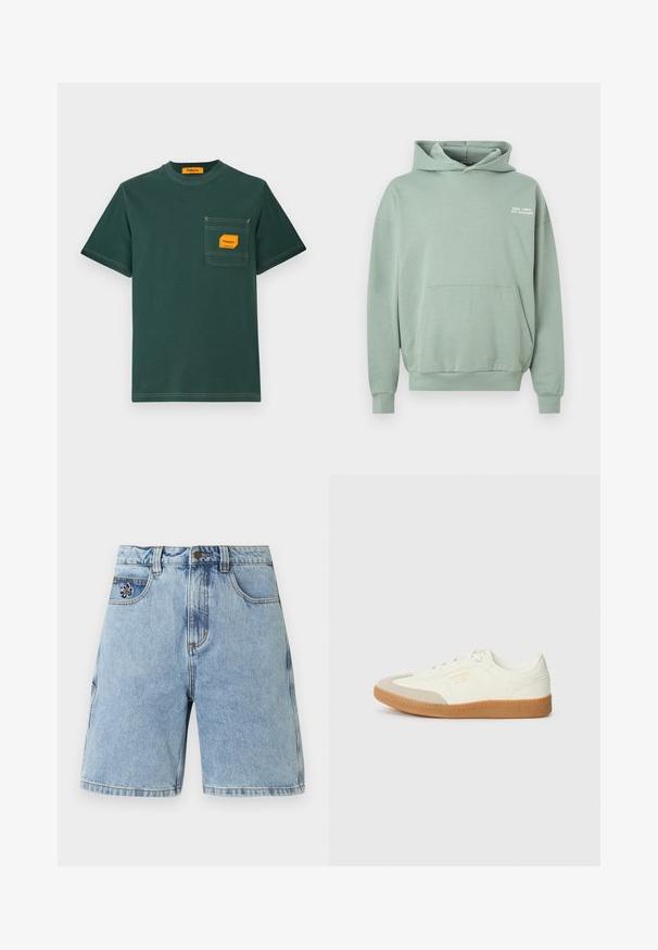 Lysegrøn hættetrøje med forreste kængurulomme og hvid tekst "GOOD TIMES, BAD DECISIONS" på øverste venstre bryst.; Grøn bomuld t-shirt med rund hals, korte ærmer og en forlomma med en orange etiket. Kontrastsyning er synlig.; Lyseblå denimshorts med bæltestropper, knapper foran, lynlås, fem lommer og lille sort-hvid blomsterbroderi på lommen foran.; Sneaker lavet af hvid læder med en beige tåhætte og let brunt gummisål. Har flade hvide snørebånd og prægede branding på siden.
