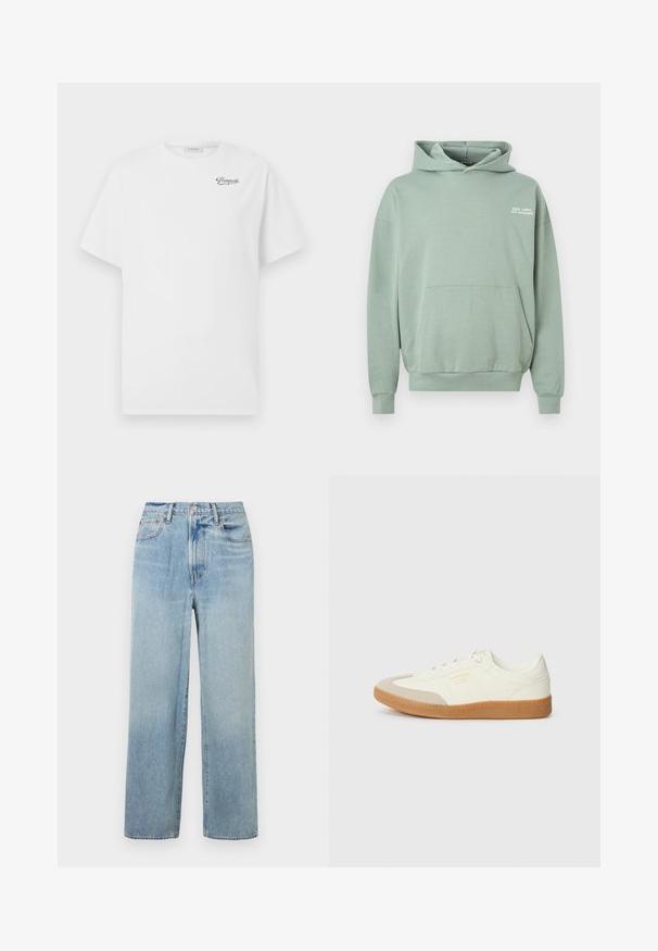 Lichtgroene hoodie met een voorzak en witte tekst "GOOD TIMES, BAD DECISIONS" op de linkerborst.; Witte katoenen t-shirt met korte mouwen en ronde hals, voorzien van een zwart "Pompeii" logo op de linkerborst. Zachte, gladde textuur.; Lichtblauwe, rechte denim jeans met hoge taille, voorzien van vijf zakken en subtiele vervaging. Ongemaaide zoom en contrasterende stikseldetails.; Schoen gemaakt van wit leer met een beige teenkap en een lichtbruine rubberen zool. Voorzien van platte witte veters en reliëfbranding aan de zijkant.