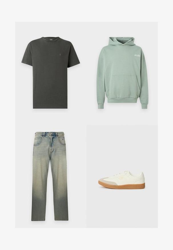 Sweat à capuche vert clair avec poche kangourou à l'avant et texte blanc "GOOD TIMES, BAD DECISIONS" sur le côté gauche de la poitrine.; T-shirt en coton gris foncé avec un col rond et des manches courtes. Présente un petit logo discret sur le côté gauche de la poitrine. Texture lisse.; Jean en denim délavé à jambe droite avec cinq poches, fermeture par bouton, et détails de couture subtils près des poches avant.; Baskets en cuir blanc avec une coque beige et une semelle en caoutchouc marron clair. Dotées de lacets blancs plats et d'un logo embossé sur le côté.