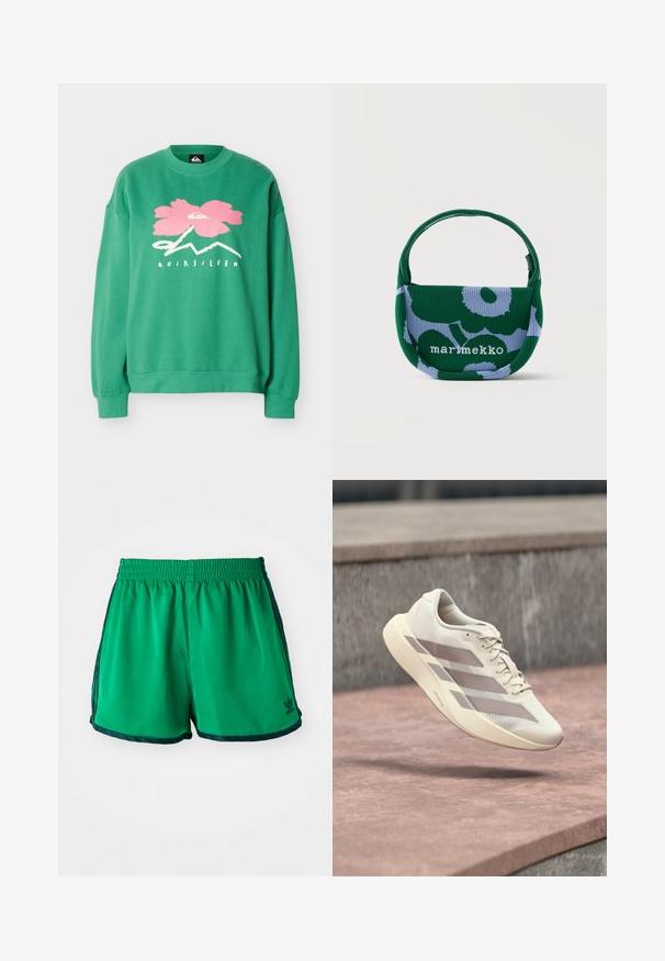 Sudadera verde con cuello redondo, con un gran gráfico de una flor rosa y el logo y texto blanco de Quiksilver en el frente, puños y dobladillo acanalados.; Pantalones cortos deportivos verdes con una textura suave, cinturilla elástica y acentos laterales en verde oscuro. Presentan el logo de Adidas en el dobladillo inferior.; Zapatilla de correr color crema con rayas topo flotando sobre una superficie de baldosas rojo pardusco y un fondo de piedra gris.; Bolso pequeño de tela con patrón floral en verde y lila claro, con un asa única y el texto "marimekko" en la parte delantera.