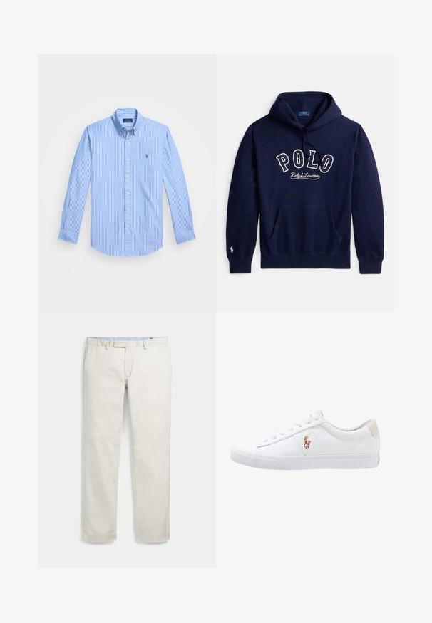 Donkerblauwe capuchontrui met voorszak, "POLO Ralph Lauren" geborduurd op de borst en een klein logo op de linkermouw.; Blauwe en witte gestreepte lange mouwen overhemd met een puntige kraag en logo-embleem op de borst. Katoenen stof met een gladde textuur.; Licht beige herenbroek met rechte pijpen, riemlussen en zijzakken, plat weergegeven op een witte achtergrond.; Witte canvas sneakers met een laag ontwerp, featuring een beige hieltab en een klein geborduurd logo aan de zijkant. Rubber zool.