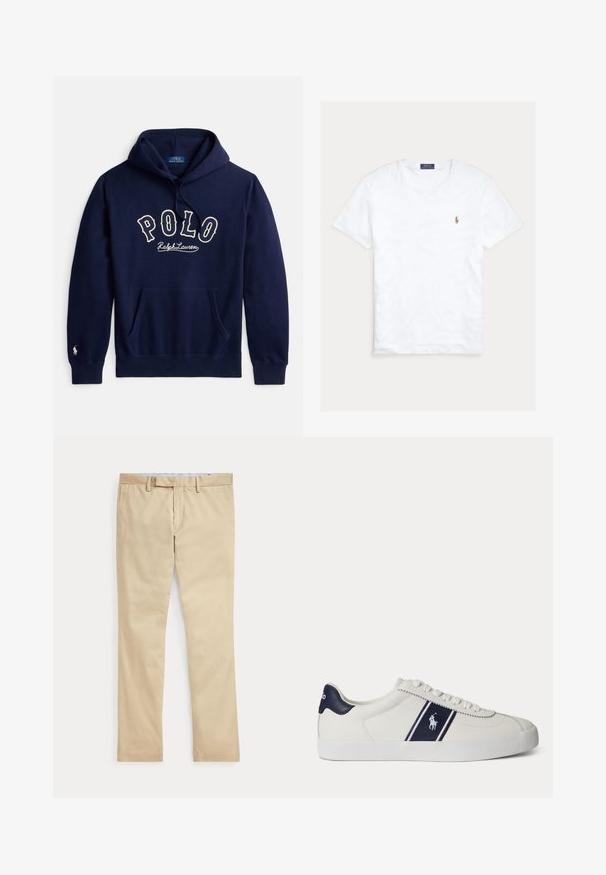 Donkerblauwe capuchontrui met voorszak, "POLO Ralph Lauren" geborduurd op de borst en een klein logo op de linkermouw.; Witte T-shirt met korte mouwen en ronde hals met klein geborduurd Polo Ralph Lauren-logo op de linkerborst en een blauw merklint binnenin de kraag.; Beige broek met rechte pijpen, ceintuurlussen en een voorrits, plat gelegd tegen een witte achtergrond.; Witte lage sneaker met een donkerblauwe streep en logo aan de zijkant en donkerblauwe hieltab, platte witte zool en witte veters.