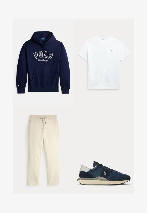 Mørkeblå hættetrøje med forlomme, "POLO Ralph Lauren" broderet på brystet og lille logo på venstre ærmekant.; Hvid bomulds t-shirt med korte ærmer, rund hals og et lille marineblåt logo på venstre bryst. Glat tekstur og klassisk pasform.; Off-white afslappede bukser med elastisk talje og snor, lige ben og sidelommer mod en ensfarvet baggrund.; Marineblå og hvid sneaker med ruskind og stofpaneler, hvidt logo på siden, hvid hælkappe og beige sål med sort slidbane.