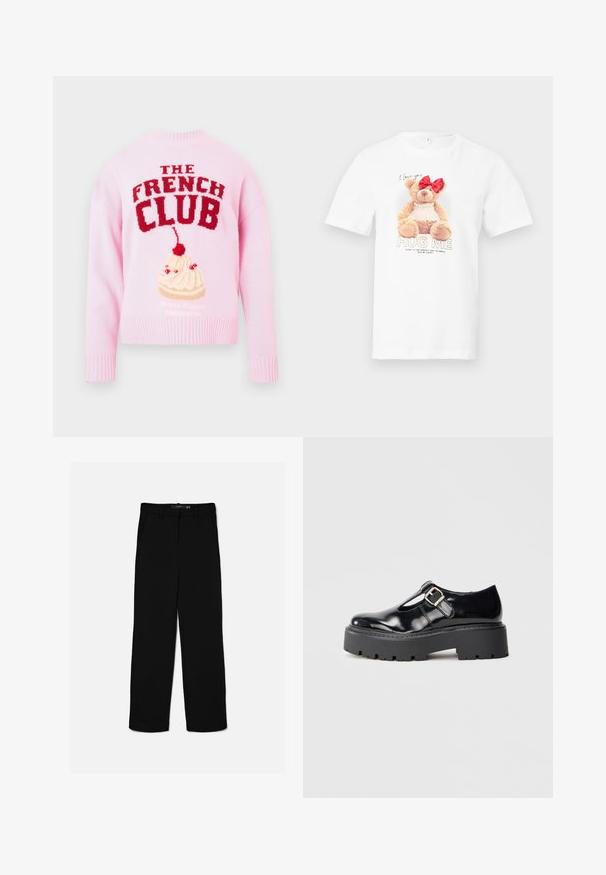Roze trui met in rode gebreide letters "THE FRENCH CLUB" en een afbeelding van een dessert met een kers bovenop. Geribbelde mouwen en zoom.; Wit T-shirt met een teddybeer met een rode strik en parelketting, met de tekst "I love you" en "Hug Me" op de voorkant.; Zwarte broek met rechte pijpen, riemlussen, ritssluiting aan de voorkant en zijzakken, plat gelegd tegen een lichte achtergrond.; Zwarte lakleren Mary Jane-schoen met zilveren gesp en dikke zwarte chunky zool, tentoongesteld op een effen grijze achtergrond.