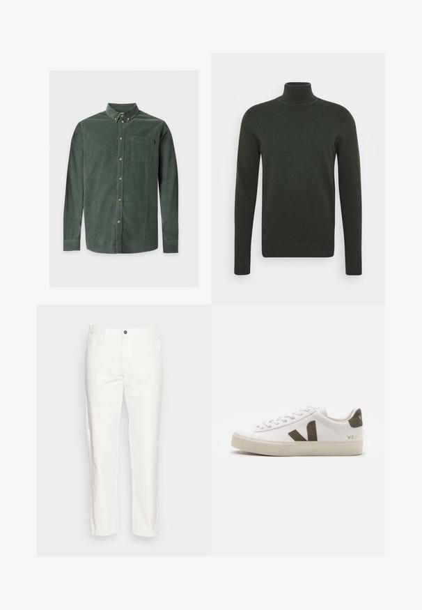 Pull à col roulé vert foncé en matière tricotée ; manches longues, design ajusté, col et poignets côtelés, texture lisse, sans motifs ni embellissements.; Chemise en velours côtelé vert à manches longues, col boutonné, poche poitrine avant et boutons beige sur le devant et au col.; Pantalon en coton blanc avec une coupe droite, poches avant, fermeture à bouton unique et une texture douce.; Baskets en cuir blanc avec une semelle en caoutchouc beige clair. Présentent un logo en V en daim marron et une languette de talon. Fermeture à lacets avec une surface texturée.