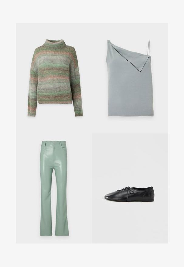 Suéter de punto suave con mangas largas y cuello alto con rayas horizontales en tonos verdes apagados, rosas y grises.; Top sin mangas asimétrico en azul claro con una tira ancha en un hombro y una tira delgada tipo espagueti en el otro, con un detalle de tela doblada en la tira más ancha.; Pantalones acampanados de color verde menta hechos de material brillante, con cintura alta, bolsillos frontales y acentos de botones plateados.; Zapato plano de cuero negro con punta afilada, que presenta un cierre de cordones en la parte frontal y una textura suave. Diseño de perfil bajo, con detalles mínimos de herrajes.