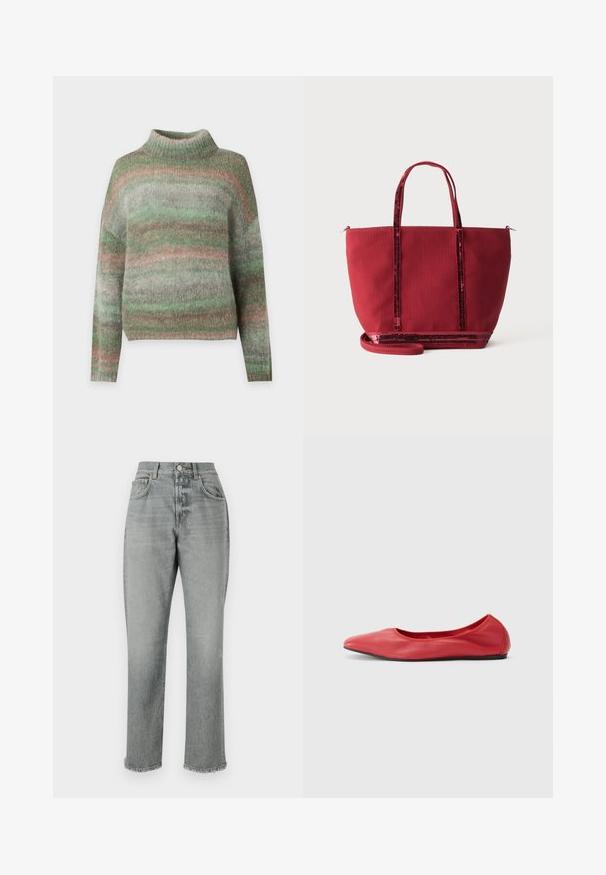 Zachte gebreide trui met lange mouwen en een hoge kraag met horizontale strepen in gedempte groen-, roze- en grijstinten.; CLOSED JONTA - Relaxed fit jeans - mid grey; Filippa K REY FLATS - Ballerina's - bright red; Rode stoffen tas met dubbele handvatten en glanzende pailletten langs de handvatten en onderkant, afgebeeld tegen een effen lichte achtergrond.