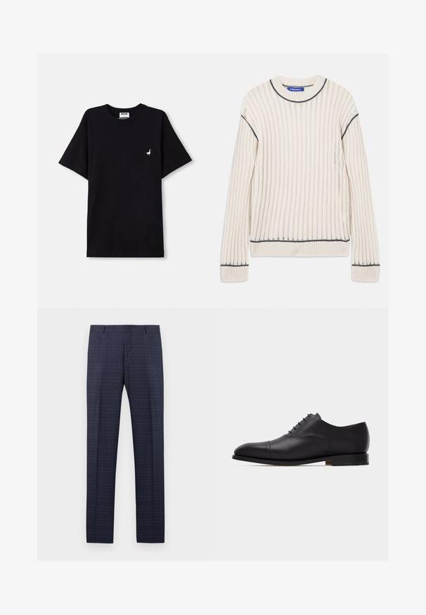 Warm off-white geribbeld sweater gemaakt van zachte stof, met donkergrijze accenten bij de halslijn en zoom, voorzien van lange mouwen.; Zwarte katoenen t-shirt met korte mouwen, voorzien van een klein geborduurd accent van een gans op de borst en een ronde hals.; Marineblauwe pantalon met een subtiel lichtblauw ruitpatroon, riemlussen en voorste kreuklijn details.; Zwarte leren oxford herenschoen met gesloten vetersluiting, cap-toe, lage hak en een gladde, gepolijste afwerking, zijaanzicht op een witte achtergrond.