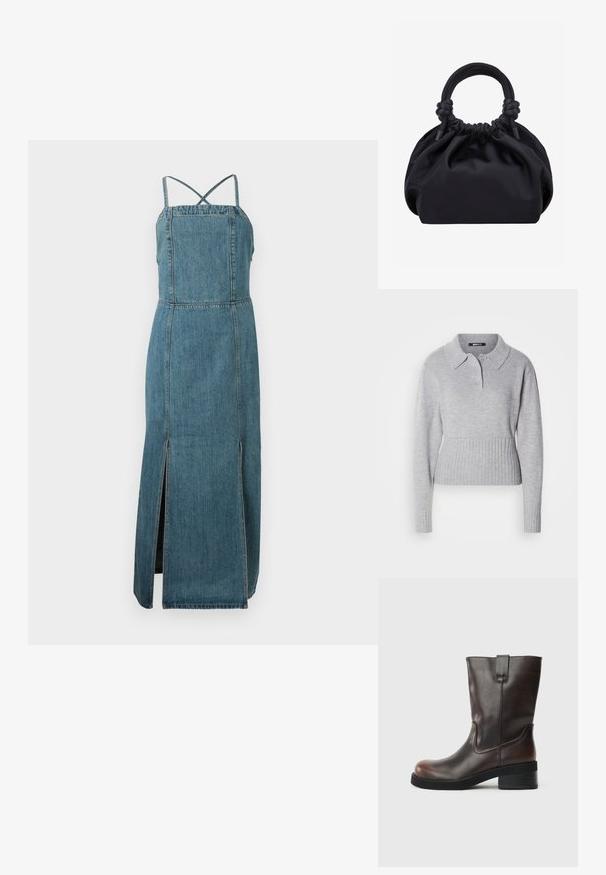 Grijze gebreide trui met een kraagnek, drie knopen en een geribde zoom. Voorzien van lange mouwen en een zachte textuur.; Denim jurk met een aansluitend lijfje, verstelbare kruisbanden op de rug en een zijsplit. Het heeft een gemiddelde blauwe wassing en een rechte snit.; Bruine leren enkelboot met een ronde neus, een mid-height blokhak en subtiele stiksels. Voorzien van een zij-haalriem voor gemakkelijke aan- en uittrekken.; Zwarte zachte stoffen handtas met geplooide bovenkant en afgeronde handvatten die aan de basis geknoopt zijn, tegen een effen lichte achtergrond.